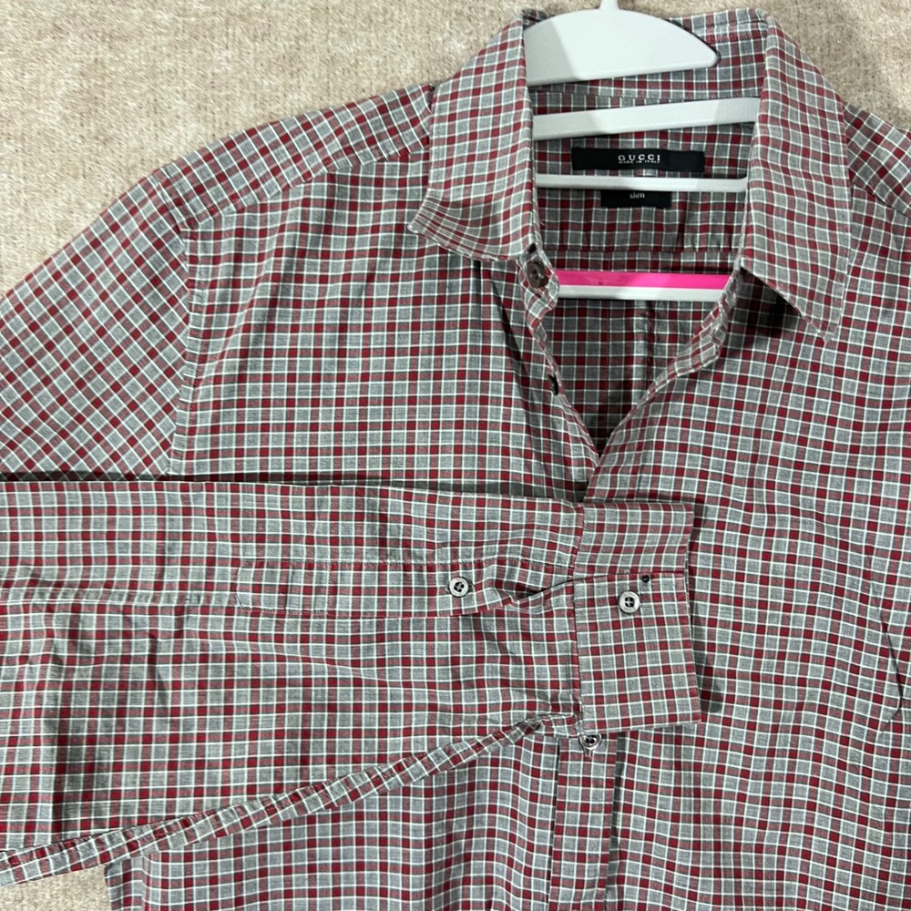 Gucci Plaid Button Up Shirt Mens 41 16 Slim Fit Red Grey Check Designer Luxury